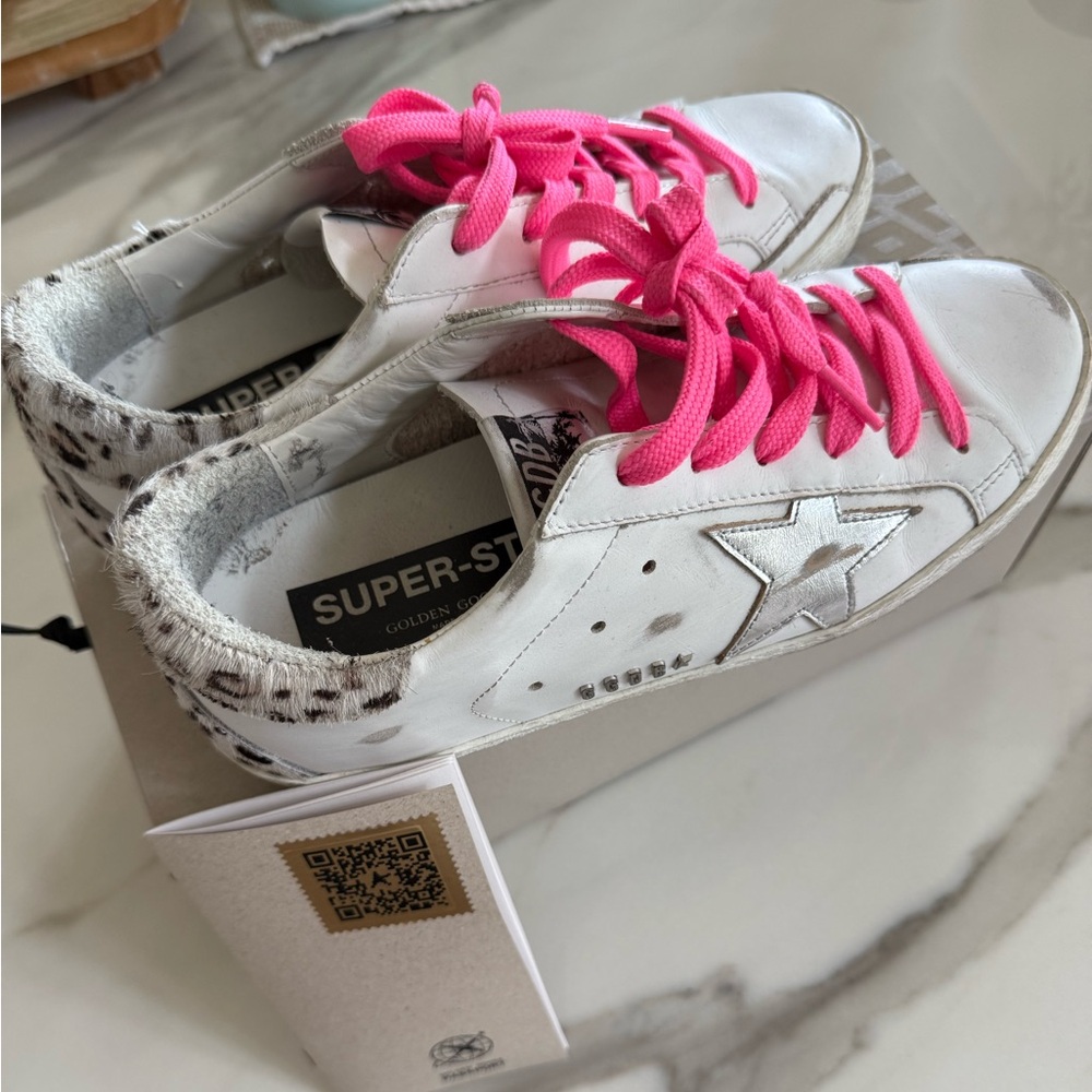 Golden Goose White and Neon Pink Sneakers